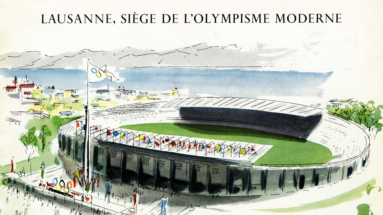 Le Stade Olympique en couverture de la brochure éditée à l'occasion de la candidature de Lausanne pour les Jeux olympiques en 1960